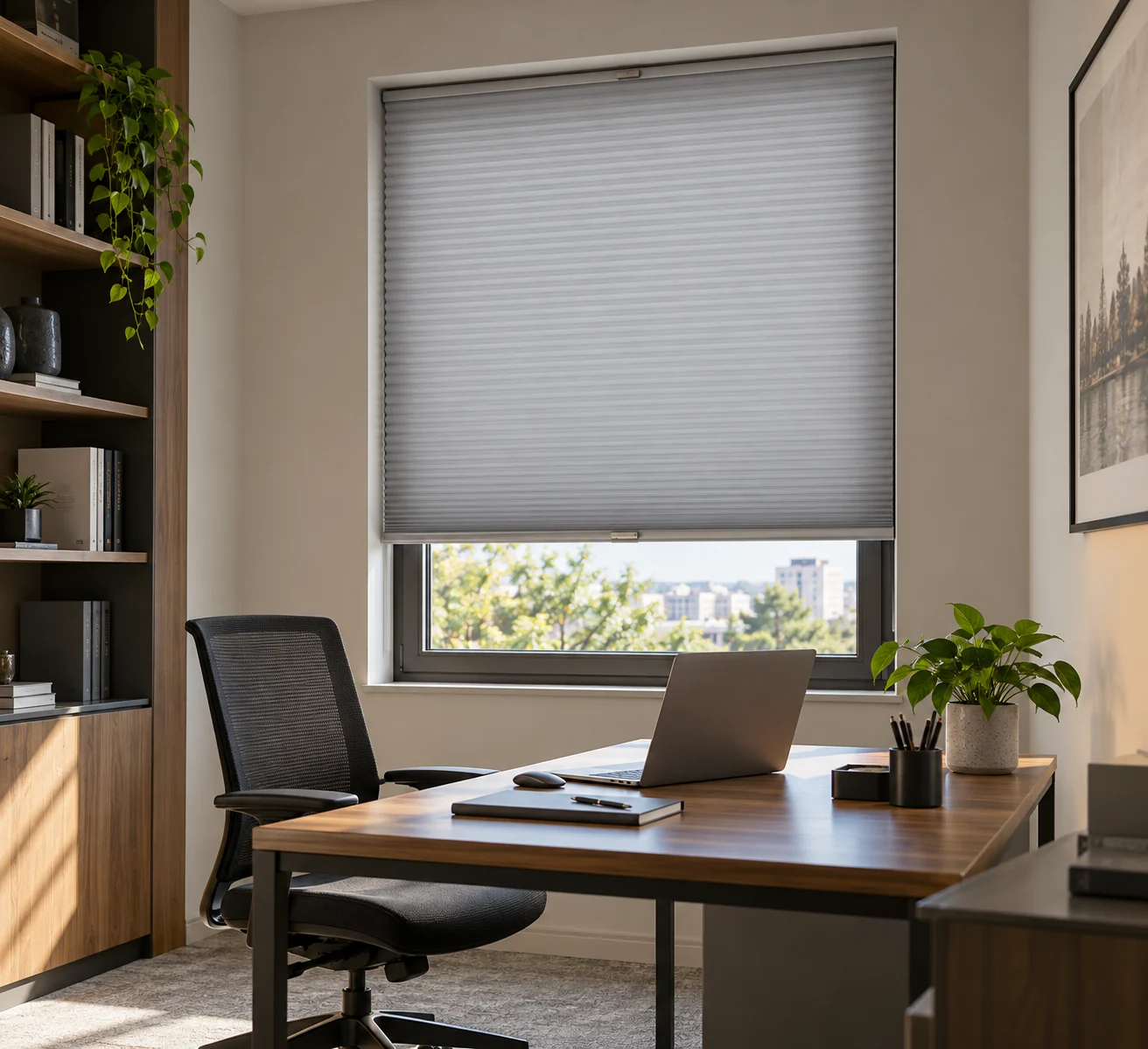 Ofis penceresine uygulanmış kompakt pileli Plicell perde