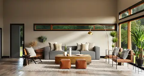 Minimal yatak odasında perde ve doğal dokular