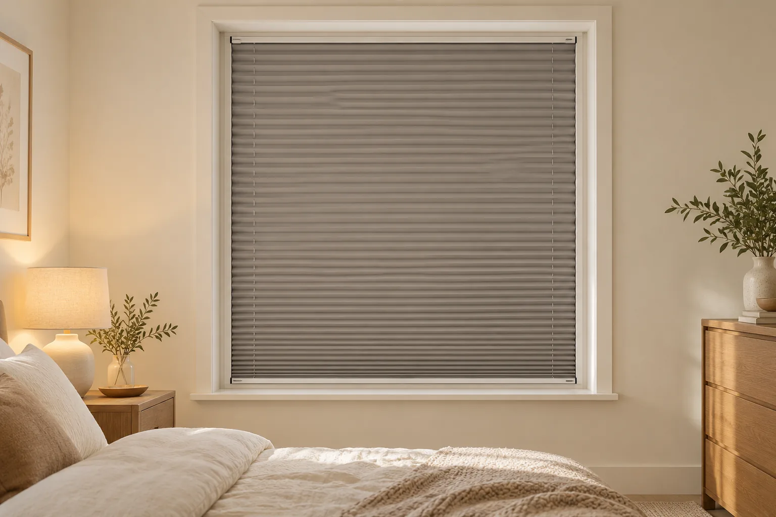 Pencere doğramasının içine takılmış kapalı taupe renk Plicell blackout plise perde