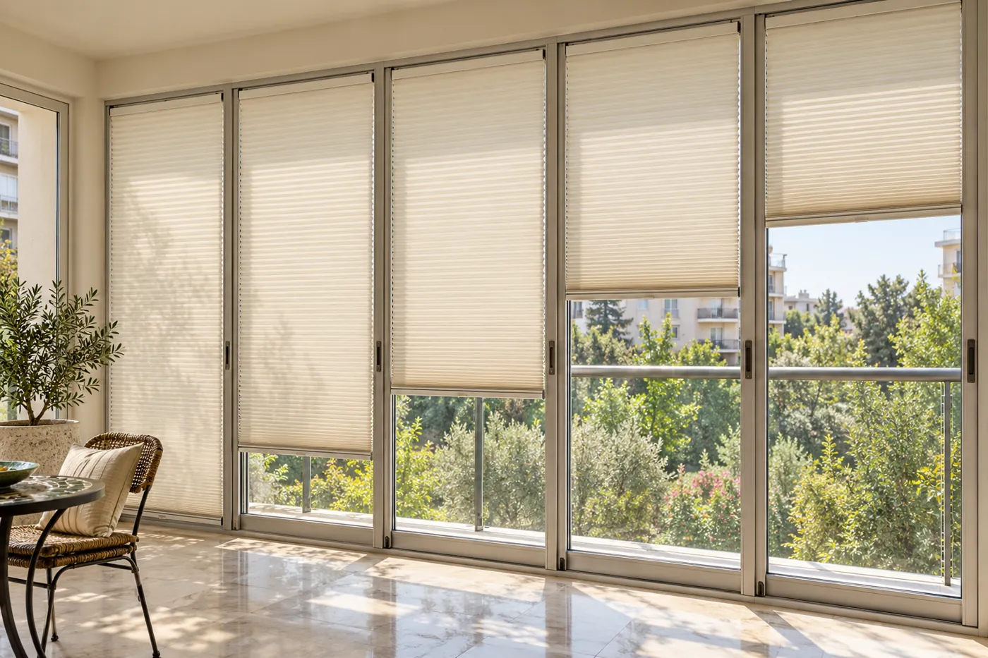 Cam balkonun ayrı ayrı yaklaşık 60 cm genişlikteki panellerinde Plicell plise perde uygulaması